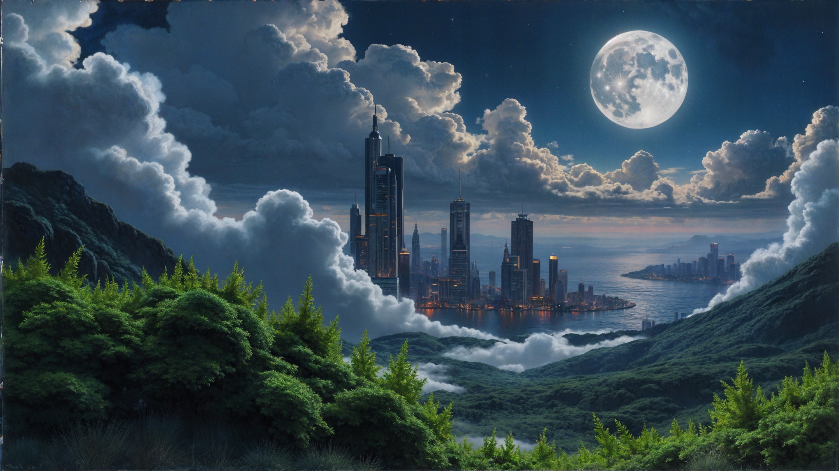 Surreal Cityscape with Mountains and Full Moon