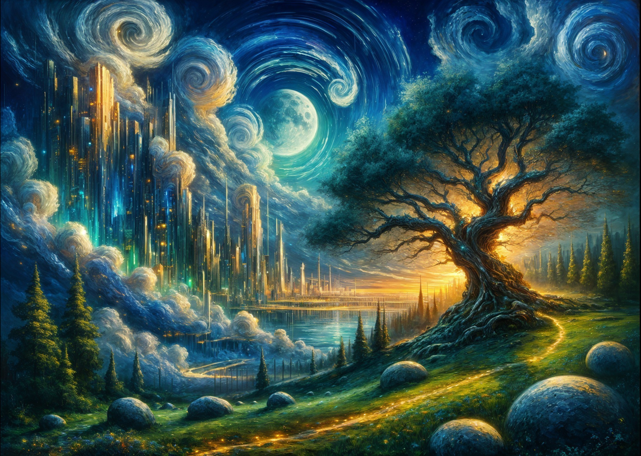 Vibrant Landscape with Celestial Sky and Mountains