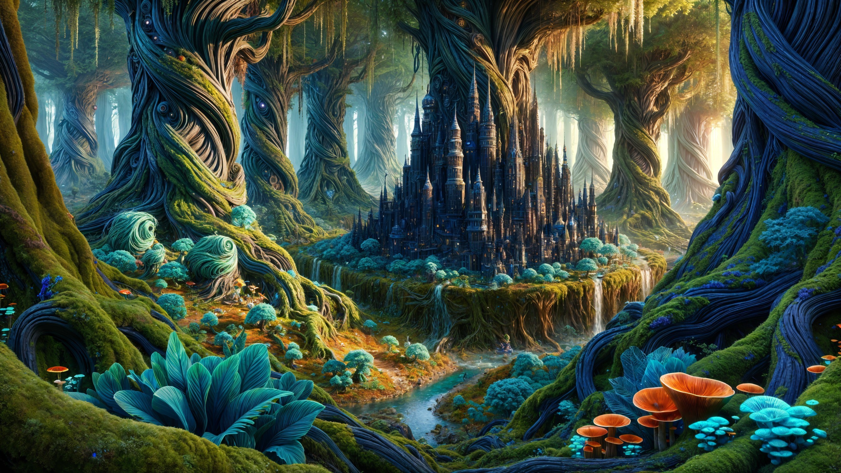 Enchanted forest with ancient trees and a castle