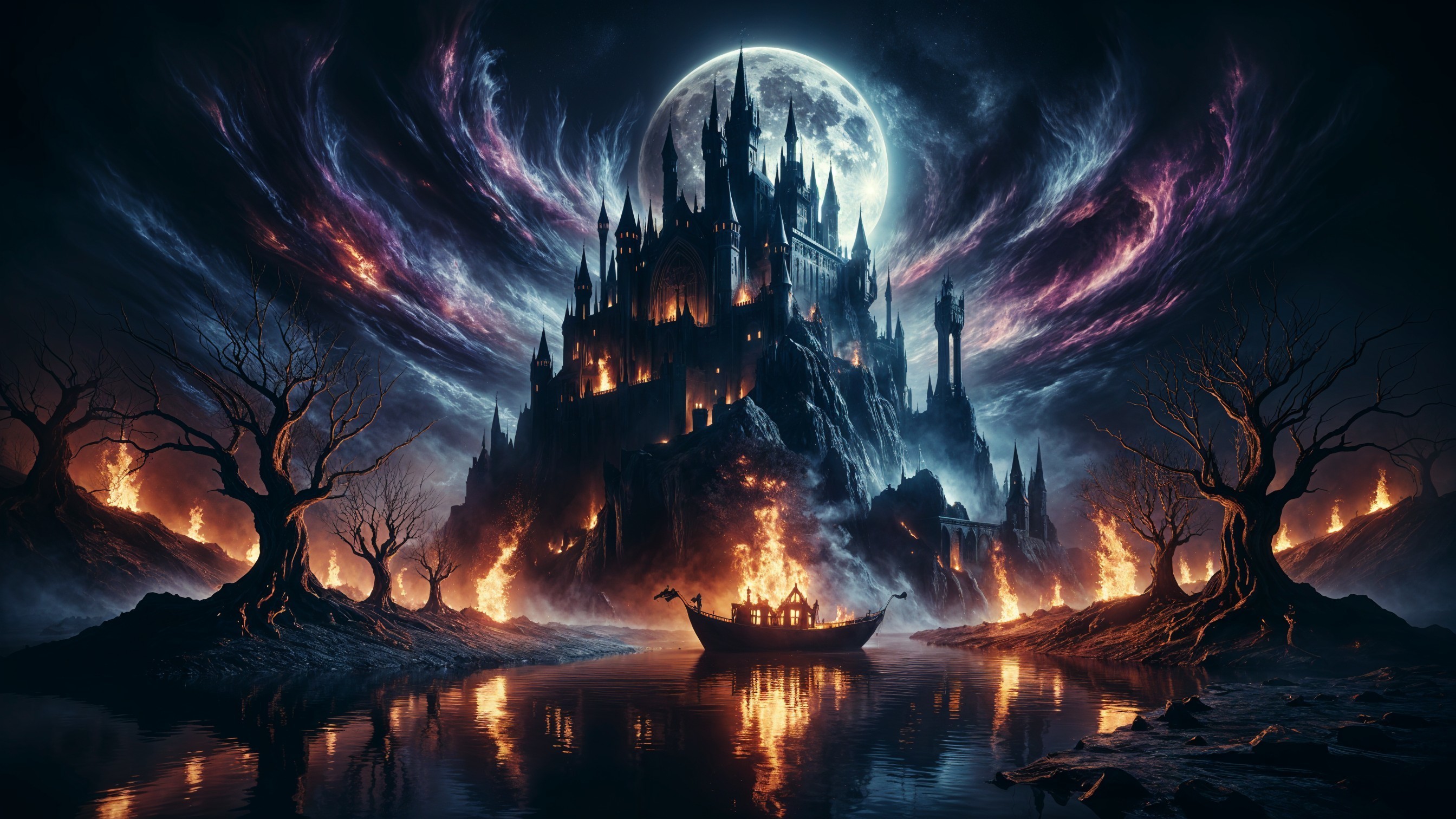 Dark Enchanted Landscape with Castle and Moonlight