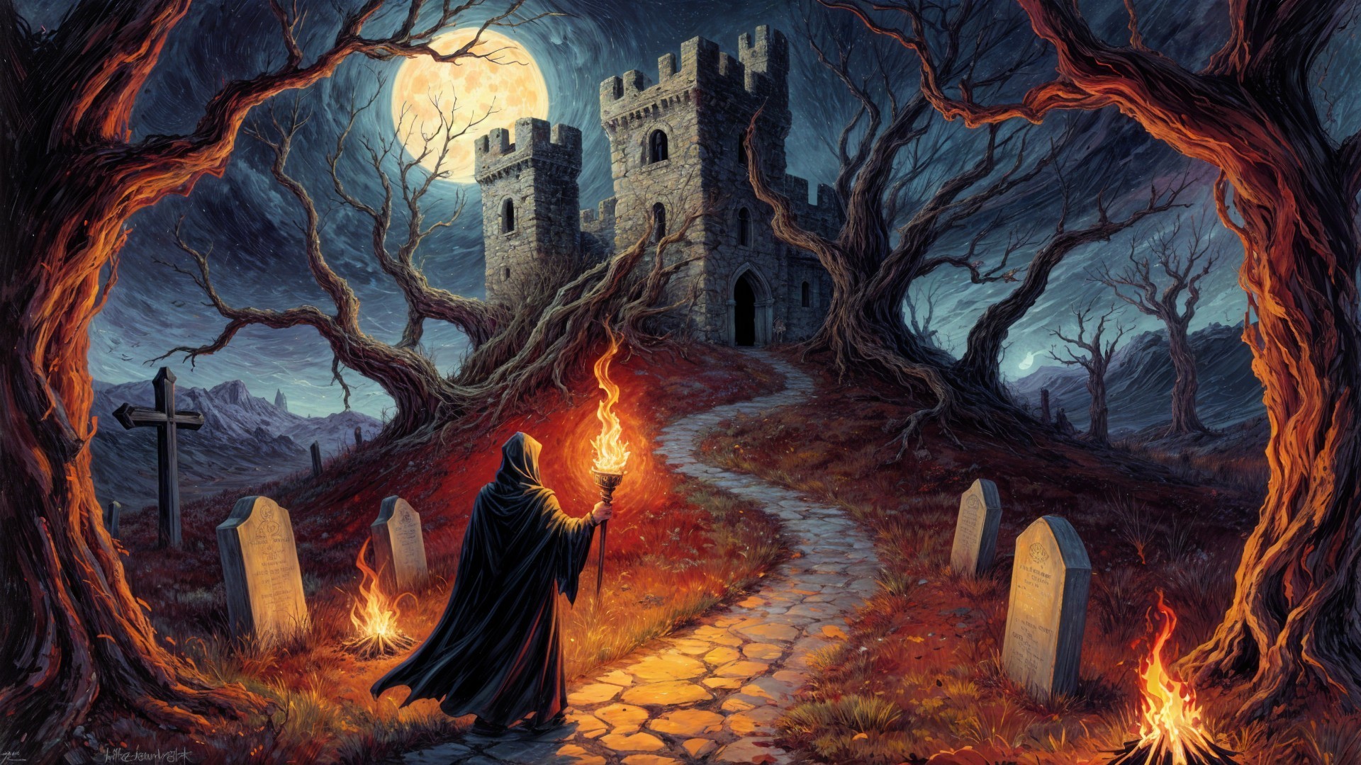 Mysterious Figure with Torch Near Ominous Castle