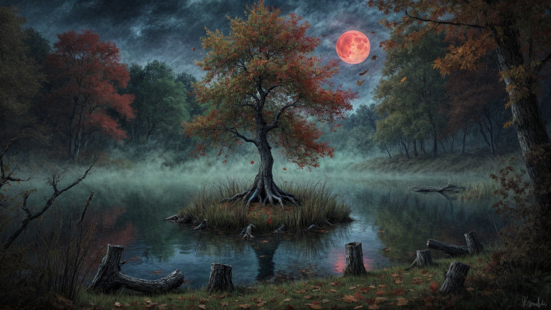 Vibrant tree on foggy lake with autumn leaves and moon