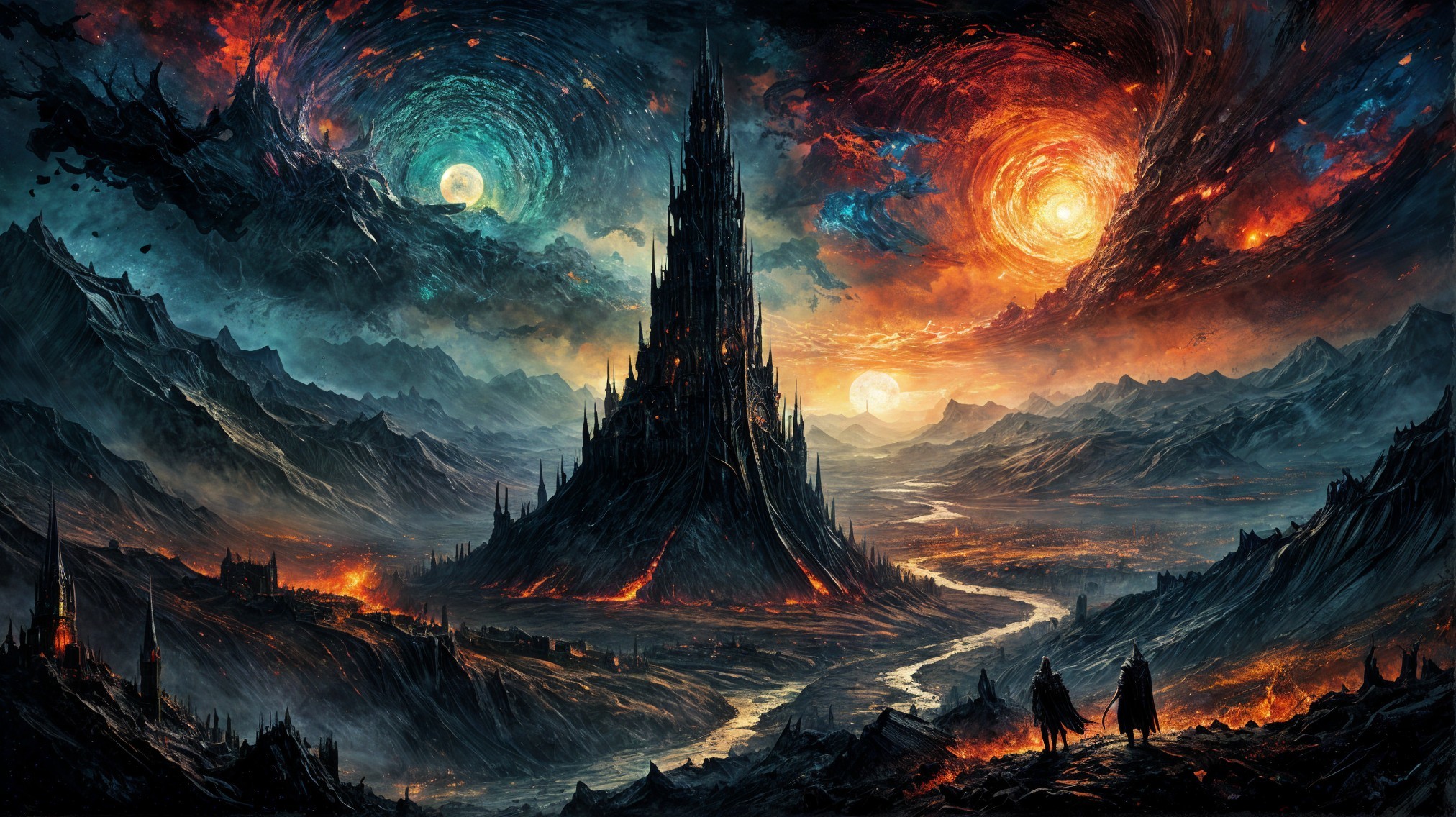 Dramatic Landscape with Dark Castle and Surreal Sky