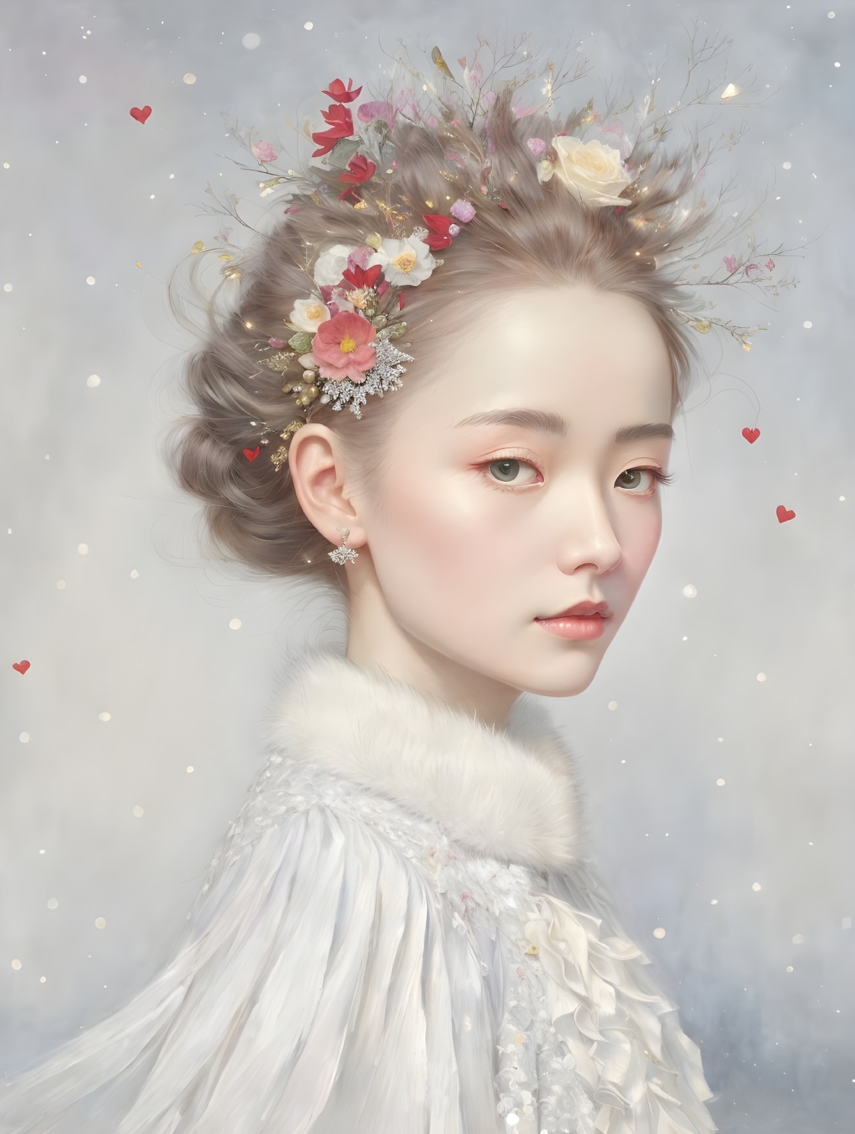 Young woman with flowers in hair, red hearts background, fur-collared dress