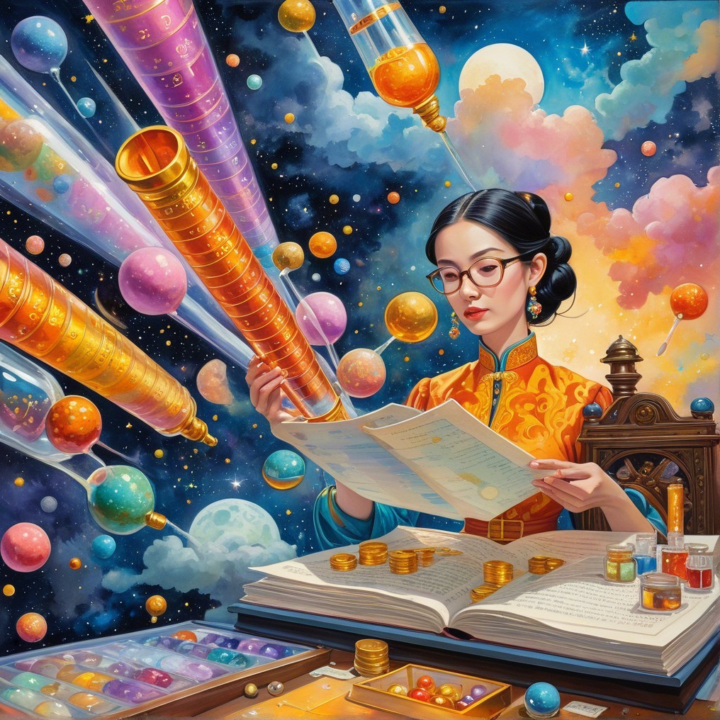 Young Woman Studies Ancient Scrolls in Celestial Setting