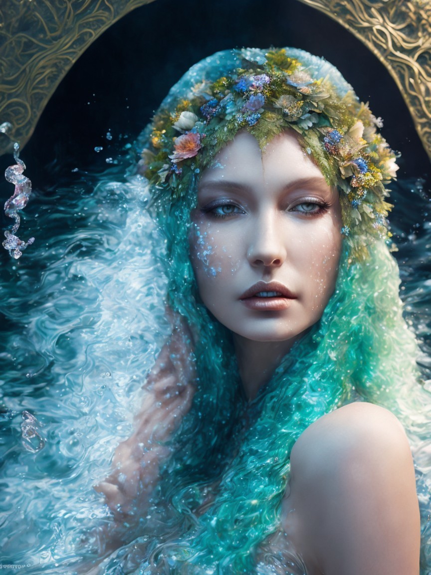 Ethereal Figure with Turquoise Hair and Nature Elements