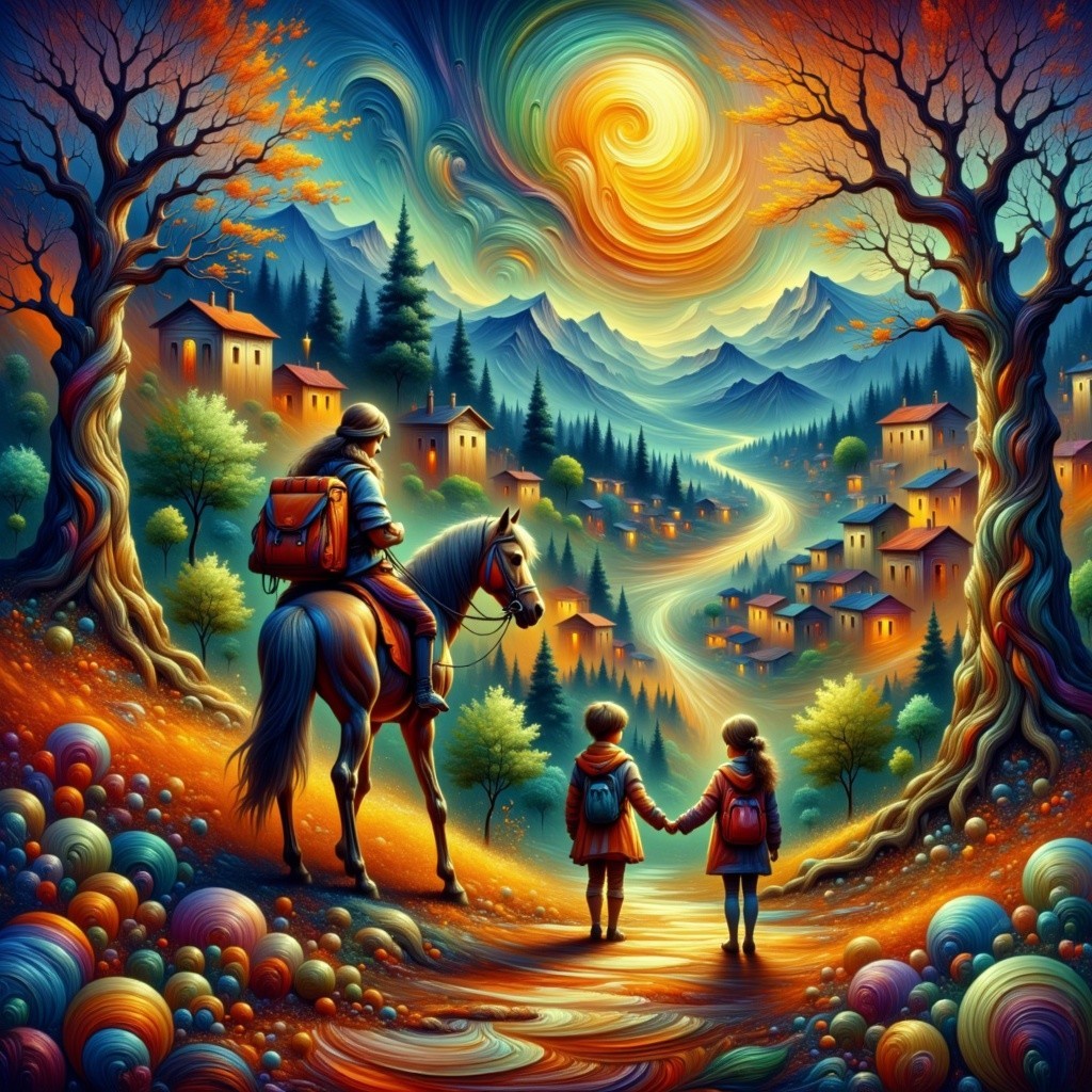 Children and Horse in a Colorful Autumn Landscape