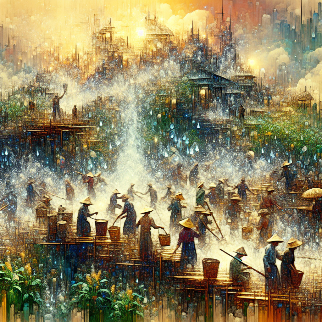 Surreal Scene of Workers in Misty Landscape