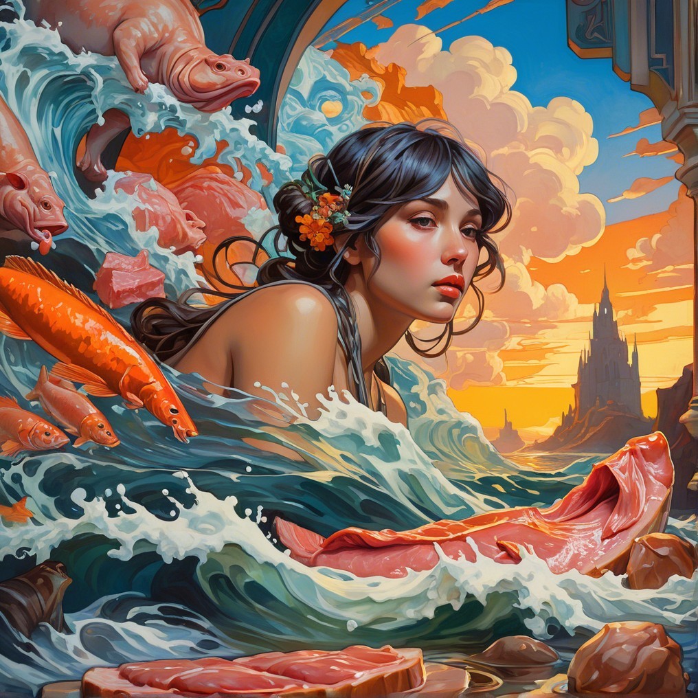 Young Woman in Waves with Floral Hairpiece at Sunset