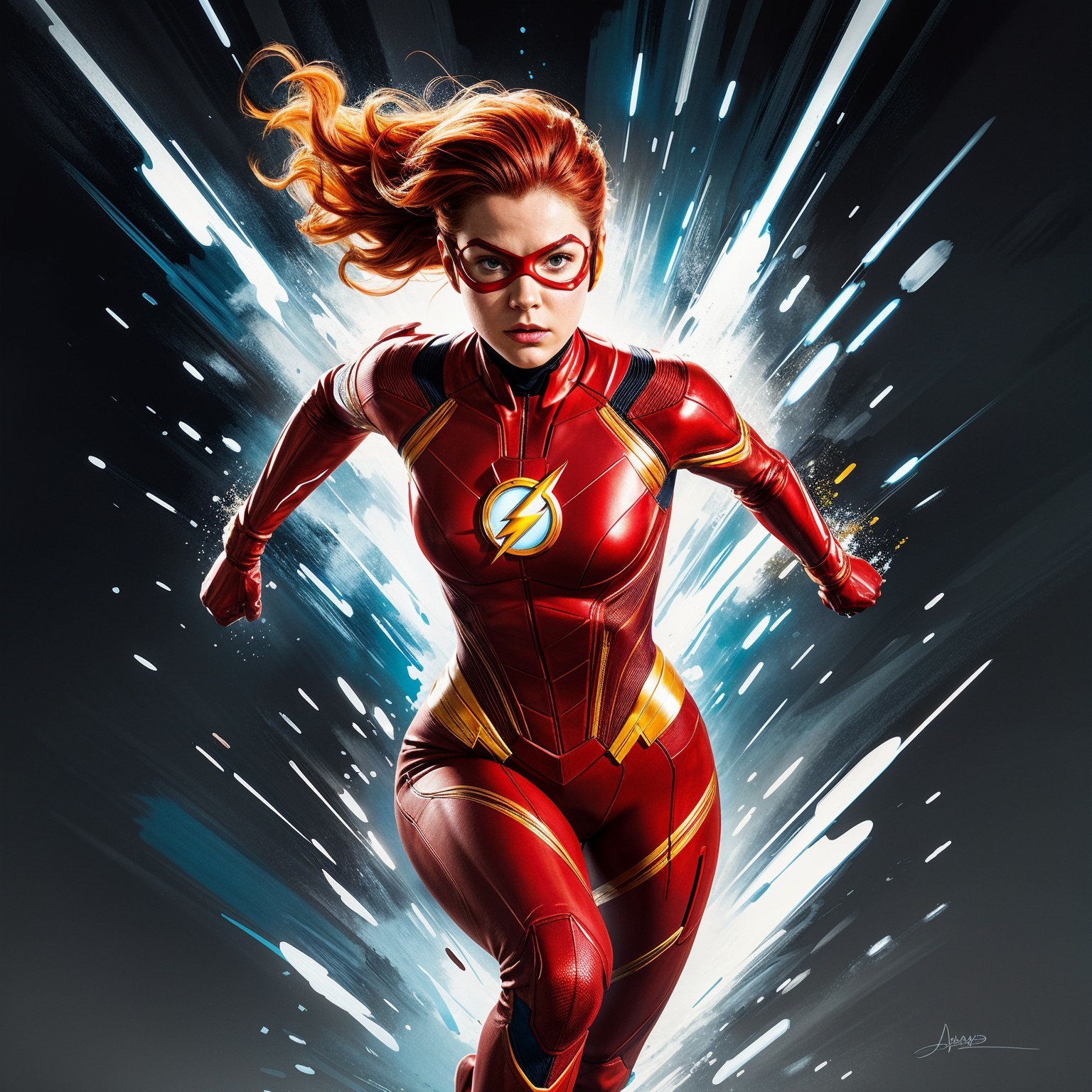 Dynamic superhero in red suit with lightning emblem