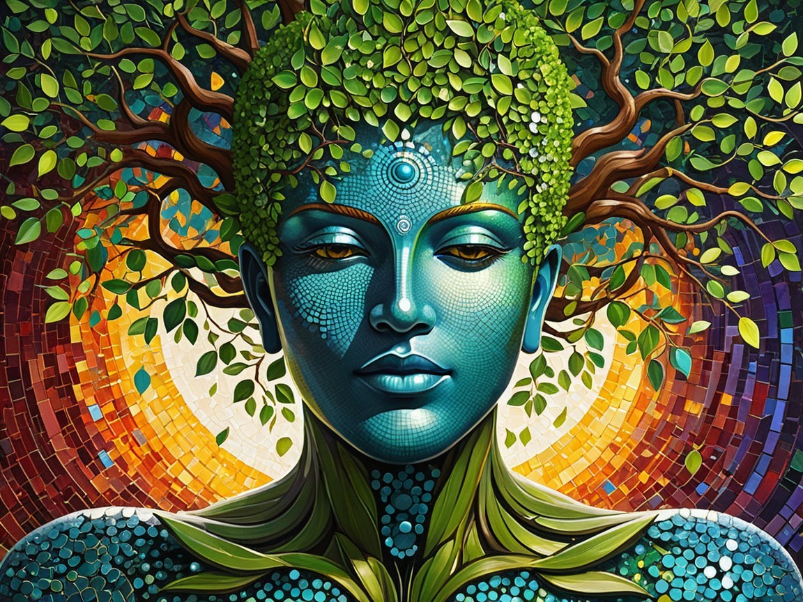 Surreal Female Figure with Colorful Mosaic Elements