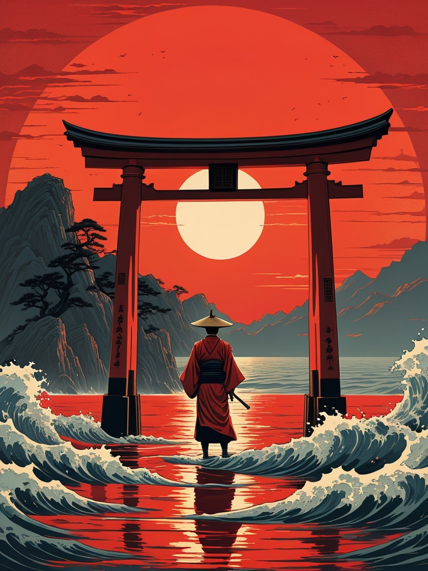 Lone Figure in Traditional Attire by Serene Sunset Landscape