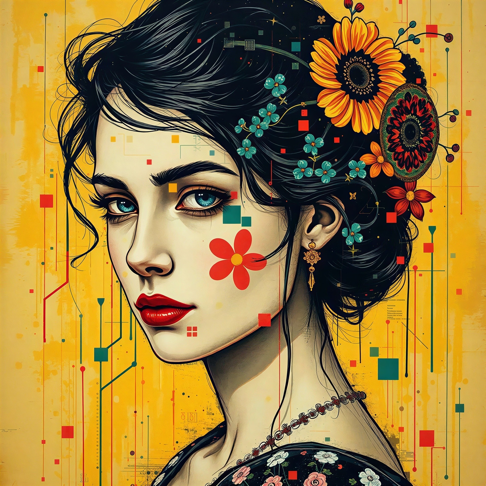 Digital Art of Woman with Flowers on Bright Background
