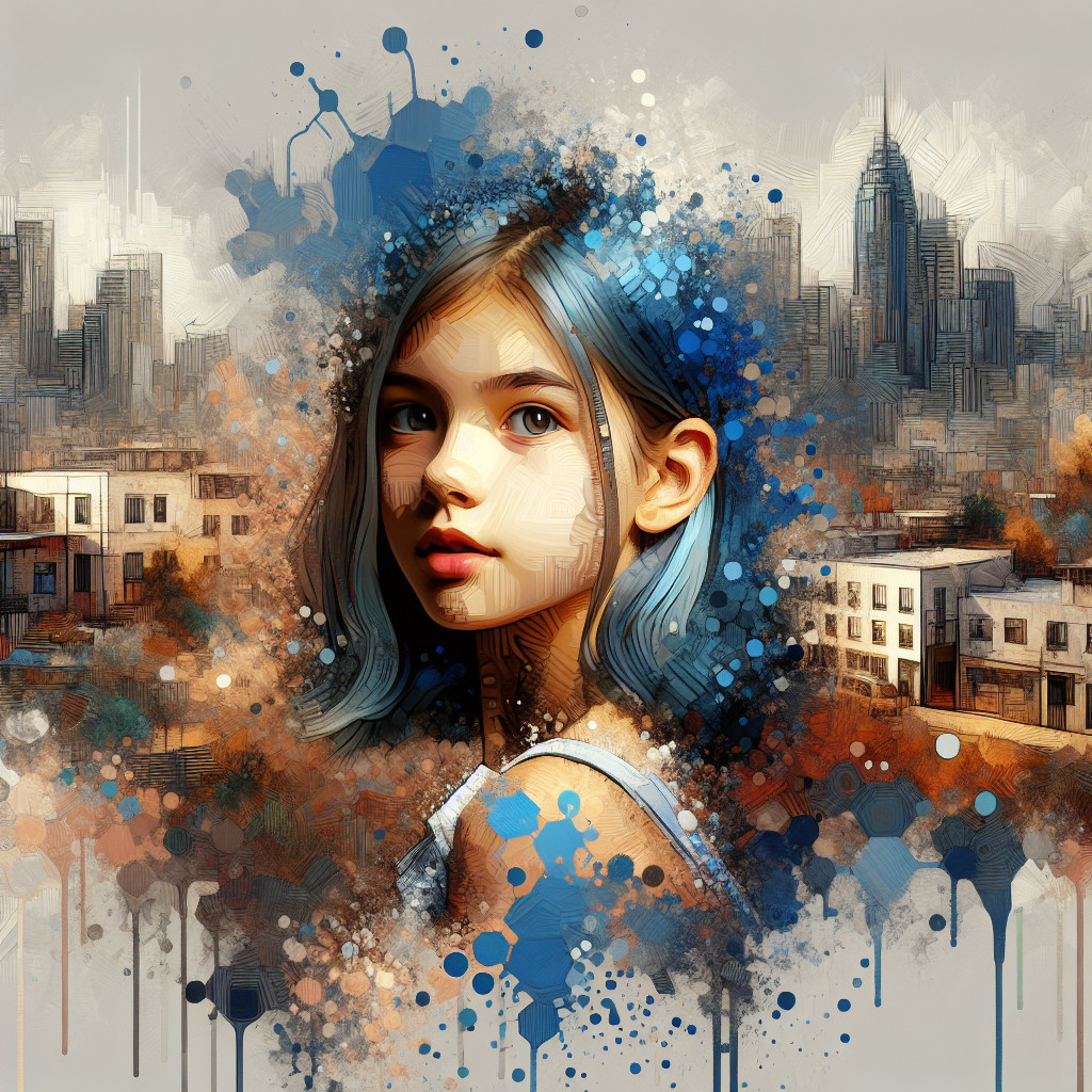 Young Girl with Blue Hair in Abstract Urban Scene