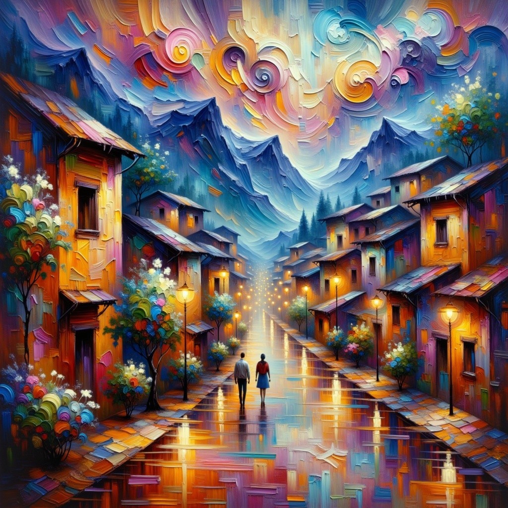 Vibrant Romantic Street Scene with Colorful Landscape