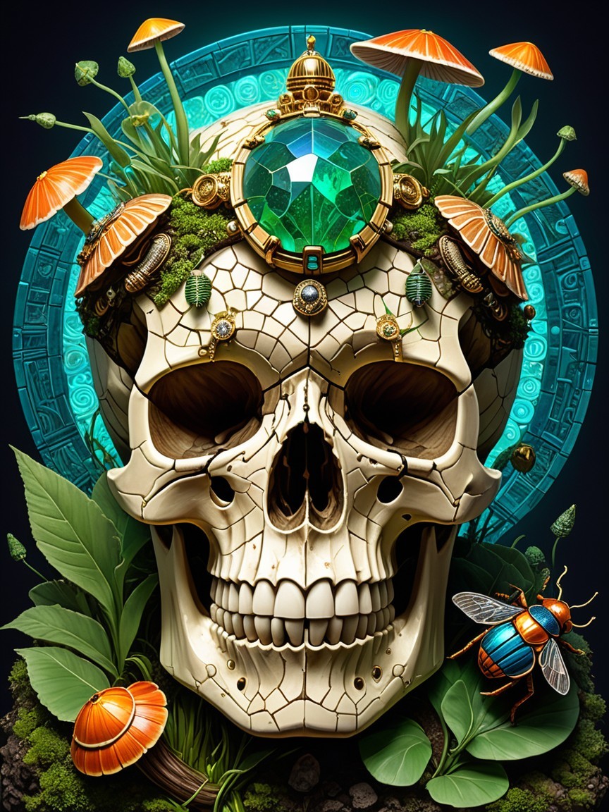 Skull Decorated with Green Foliage and Orange Mushrooms