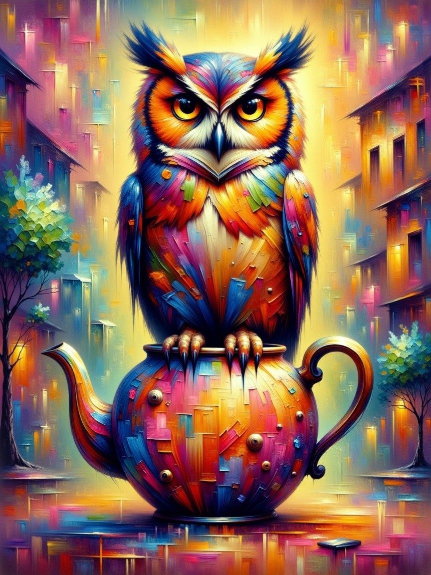 Colorful Owl on Whimsical Teapot with Abstract Background