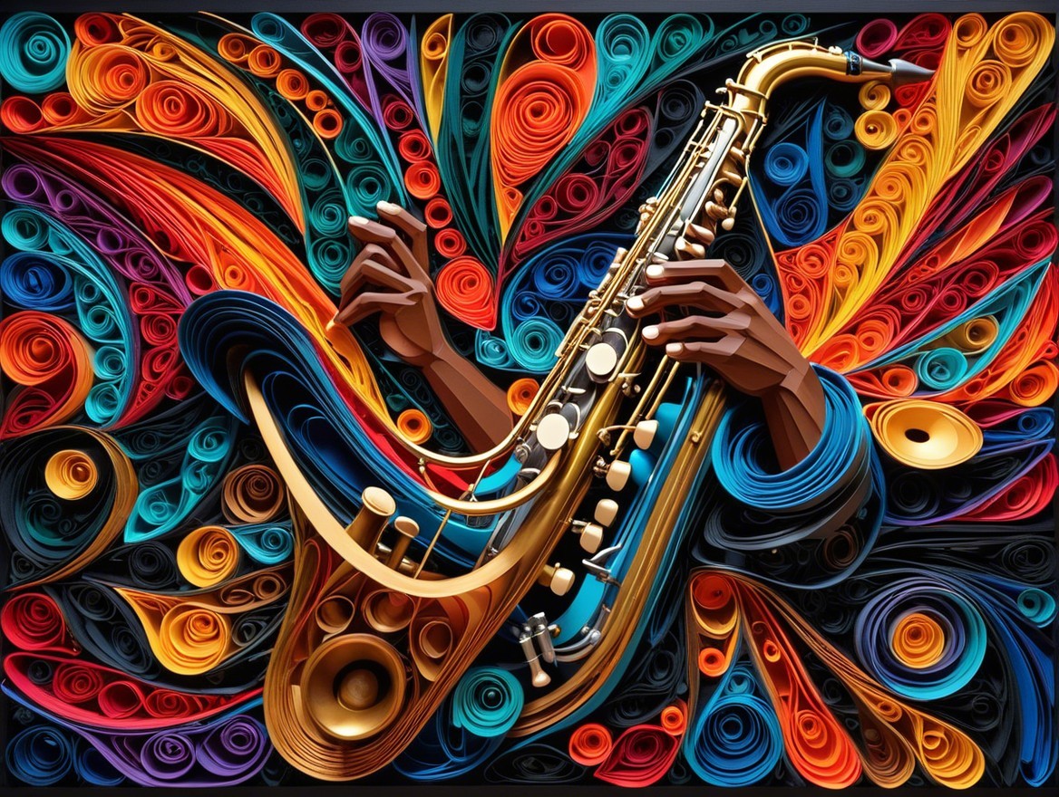 Abstract Artwork of a Saxophonist in Colorful Patterns