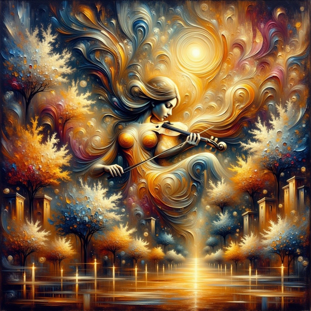 Ethereal Figure Playing Violin in Dreamlike Landscape