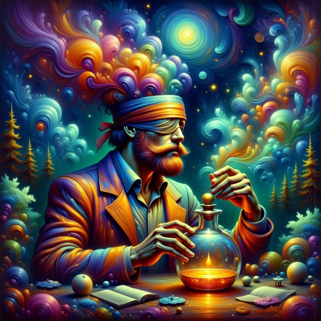 Mystical Figure with Glowing Potion in Enchanted Forest