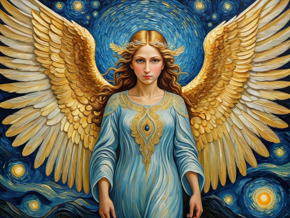 Angelic Figure with Golden Wings in Starry Background