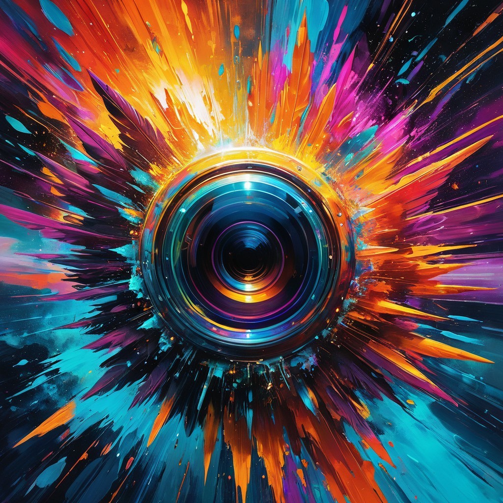 Vibrant Circular Lens with Colorful Cosmic Explosion