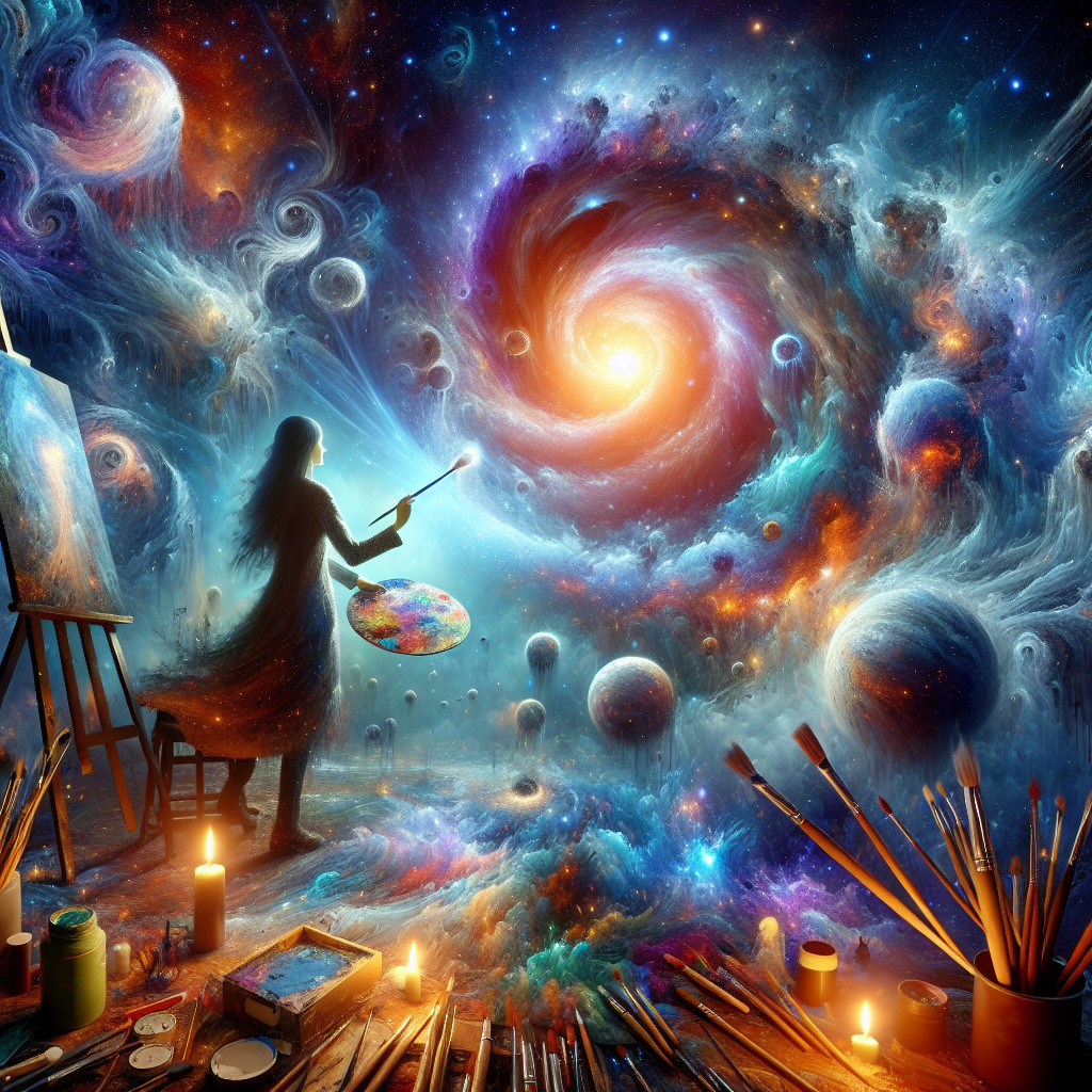 Silhouette of an artist before a swirling galaxy scene