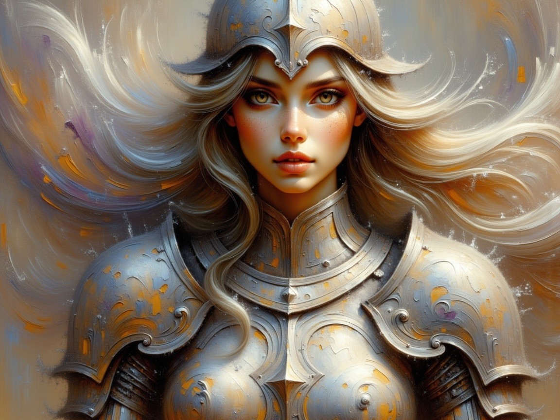 Portrait of a Young Woman in Ornate Silver Armor