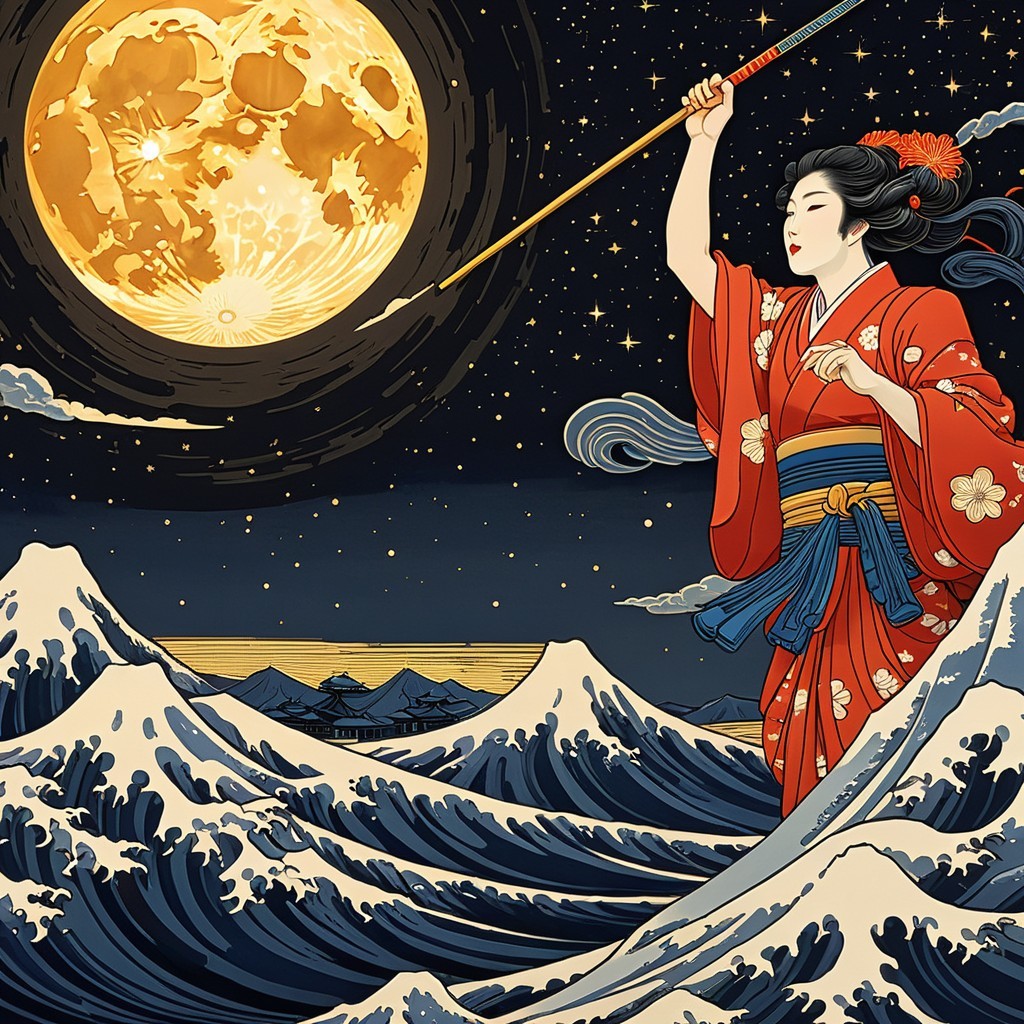 Woman in Traditional Attire with Spear and Moonlit Scene