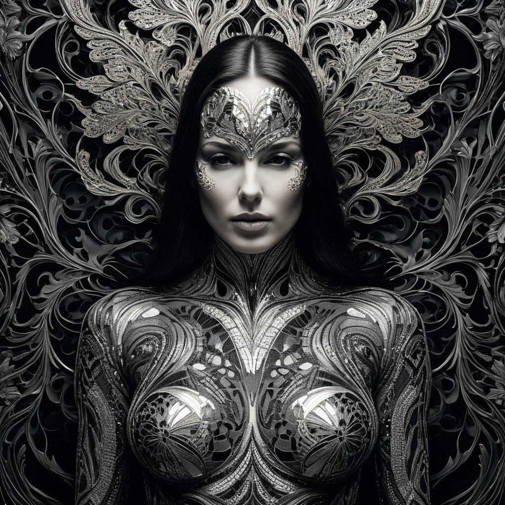 Silver Body Art Against Dark Ornate Backdrop
