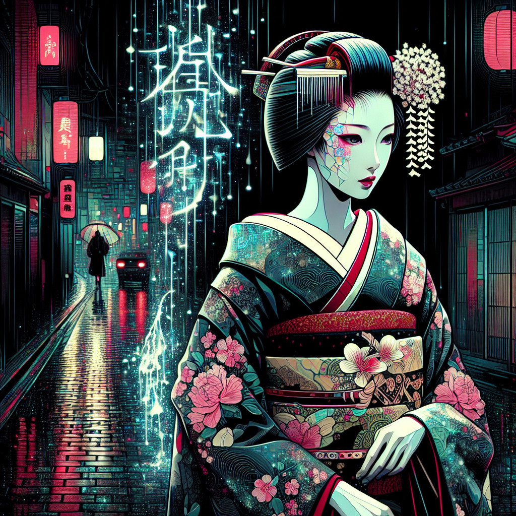 Neon-Lit Cityscape with Geisha in Rainy Night Scene