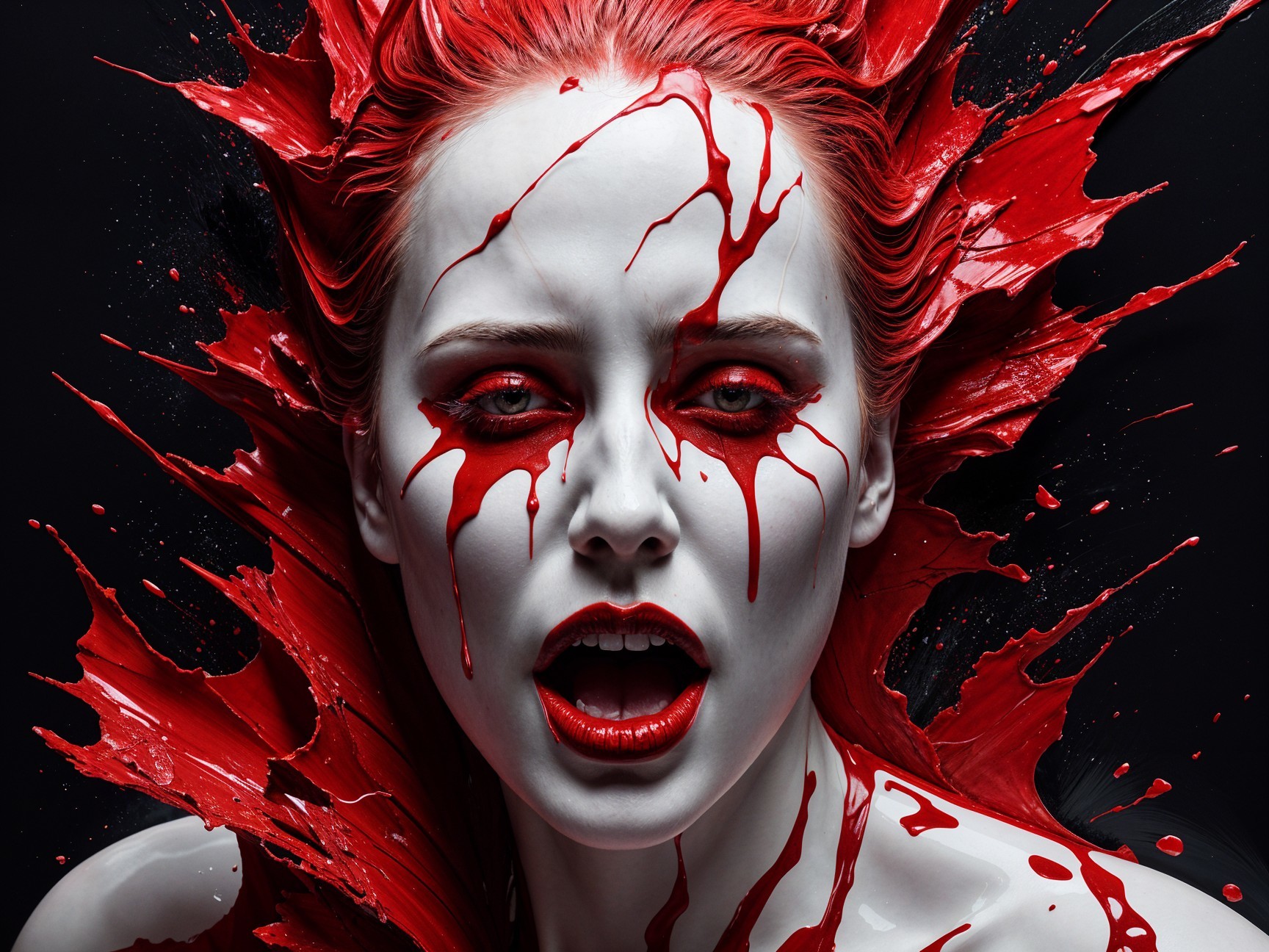 Striking Figure with Pale Skin and Red Accents