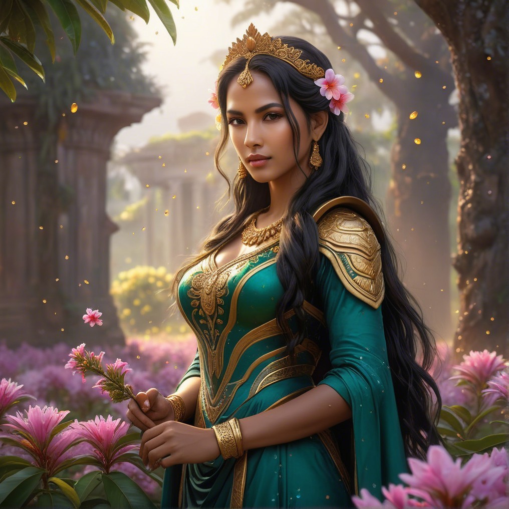 Majestic figure in emerald gown within lush garden
