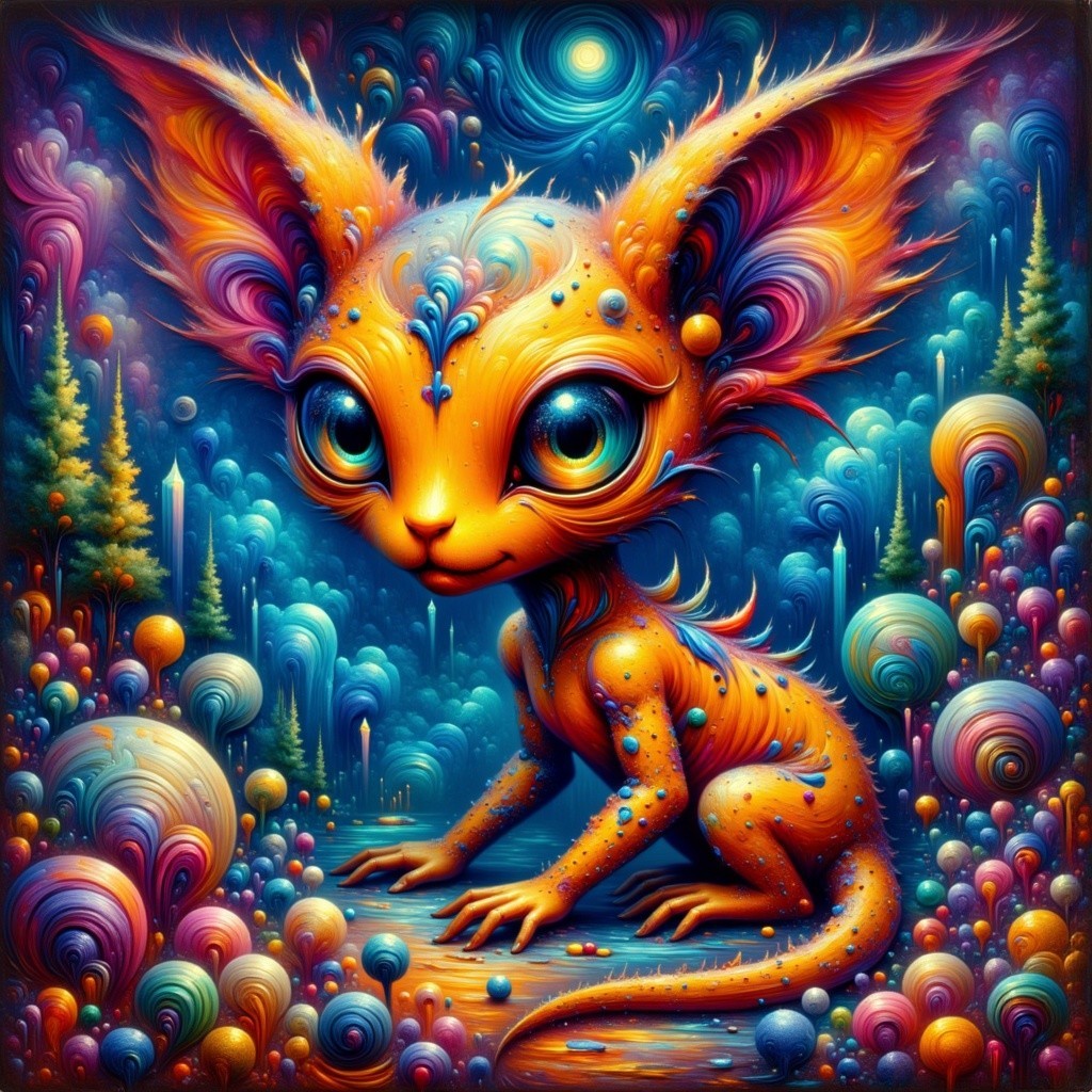 Psychedelic Furry Creature in Colorful Fantasy Scene