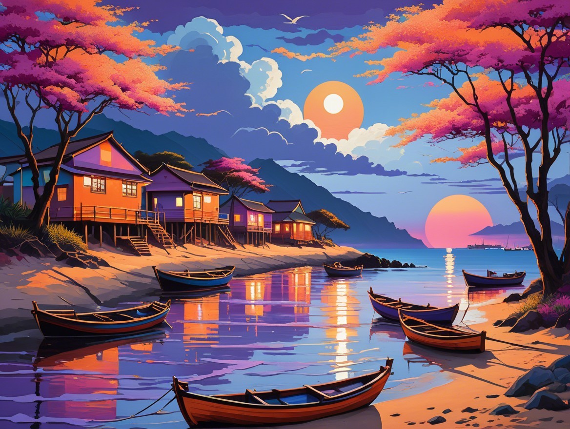 Tranquil Beach Scene with Colorful Houses at Dusk