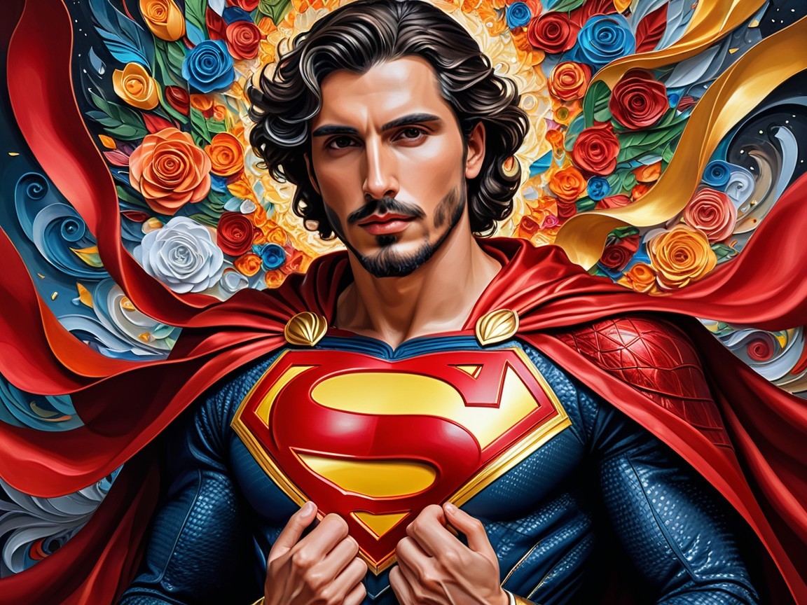 Heroic Figure in Superman Costume with Floral Patterns