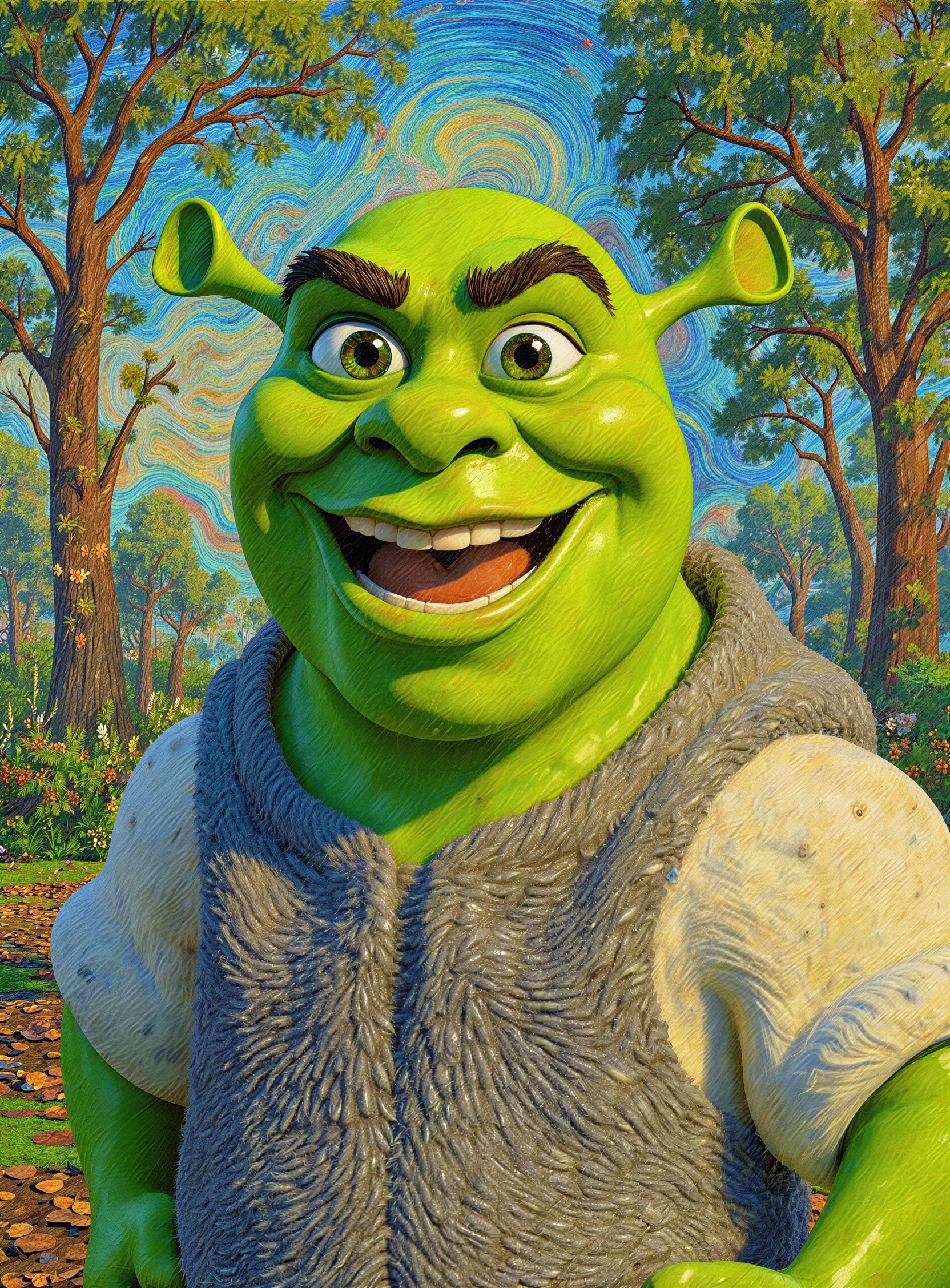 Close-up of a smiling green character with impressionistic background