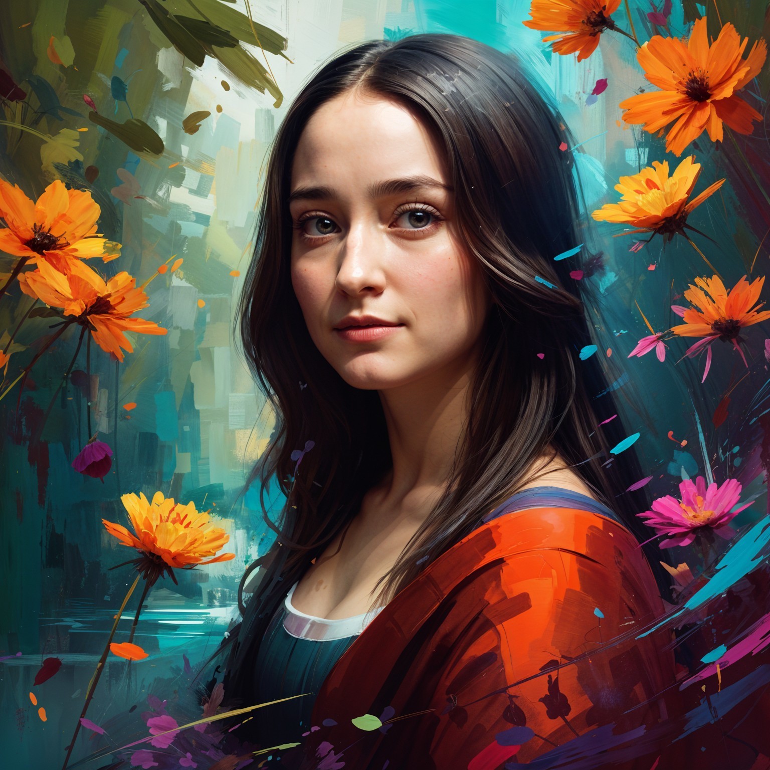 Young Woman Surrounded by Vibrant Flowers and Foliage