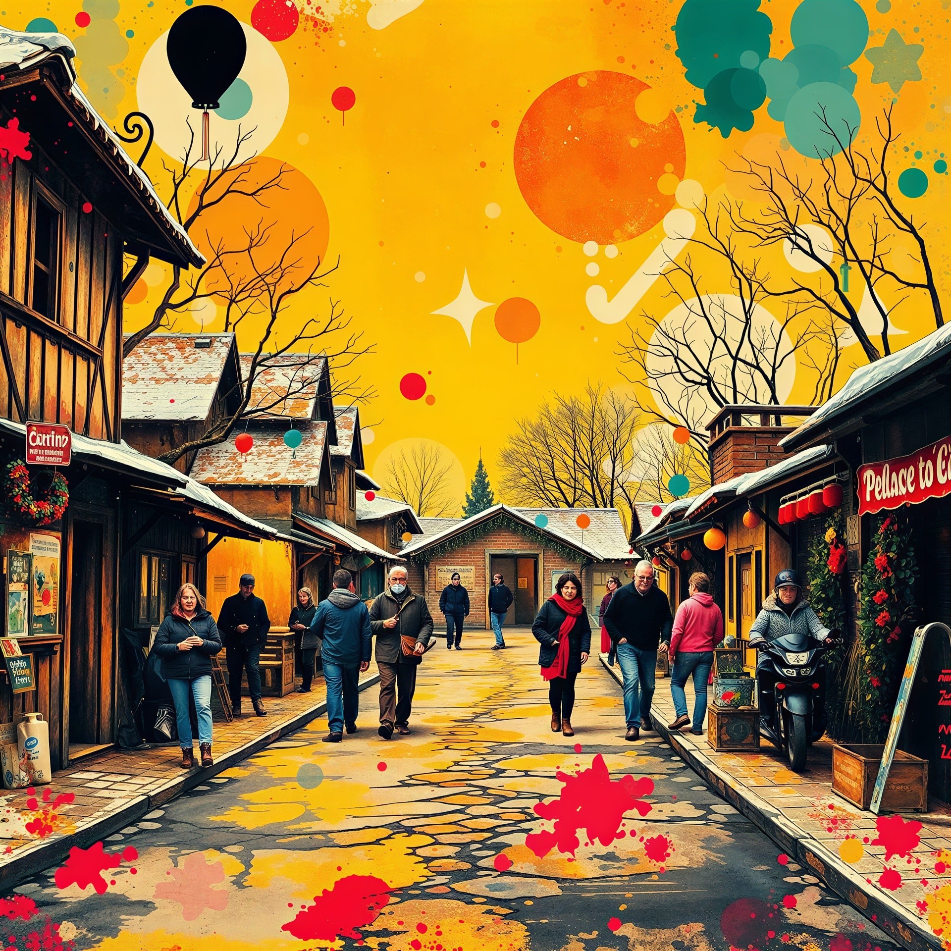 Winter Market Scene with Vibrant Yellow Sky