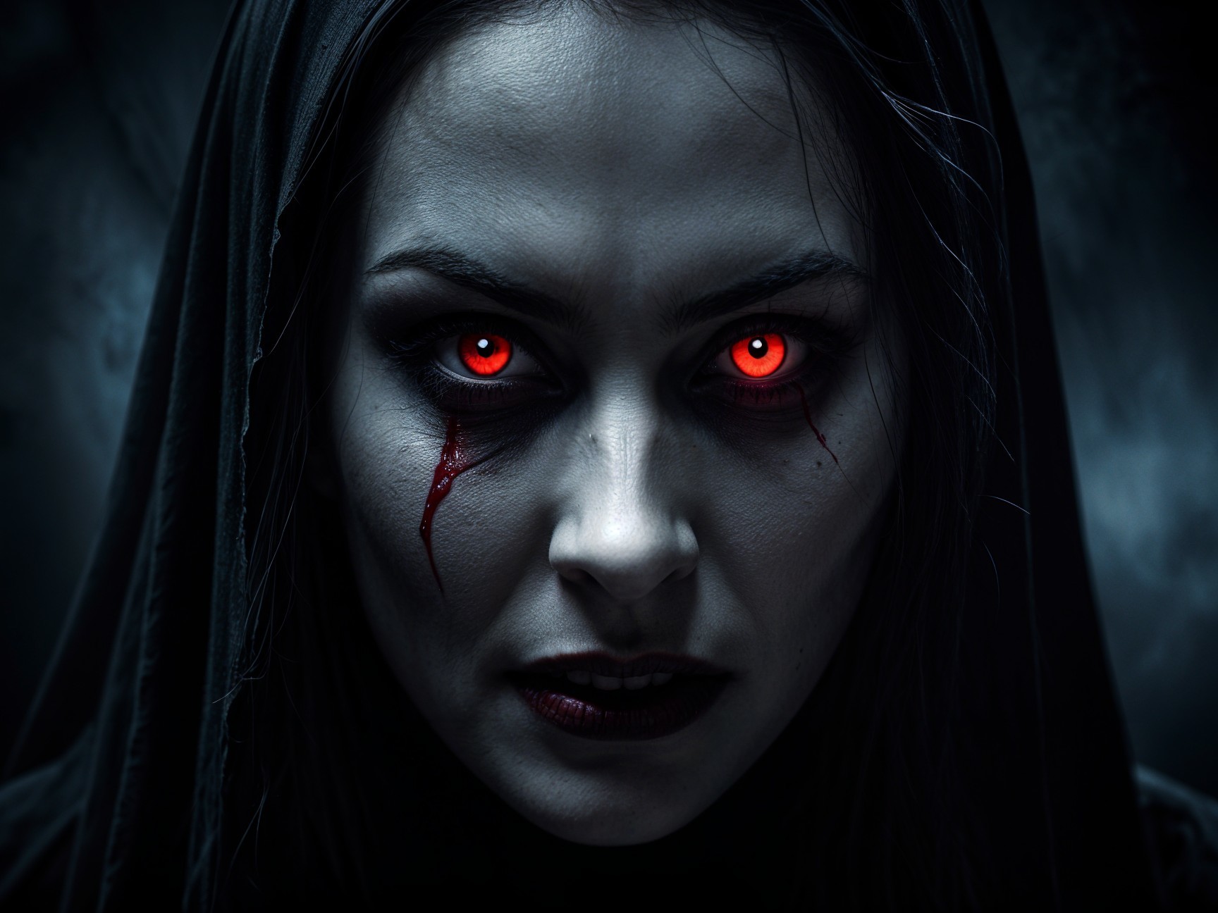 Mysterious Female Figure in Darkness with Red Eyes