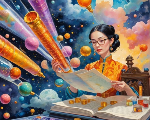 Young Woman Studies Ancient Scrolls in Celestial Setting