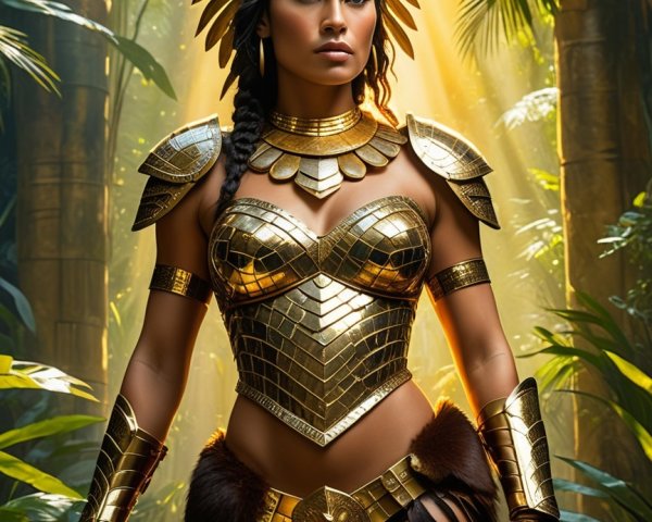 Warrior in Golden Armor in Lush Jungle Setting