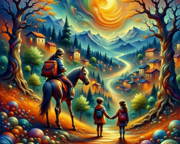 Children and Horse in a Colorful Autumn Landscape