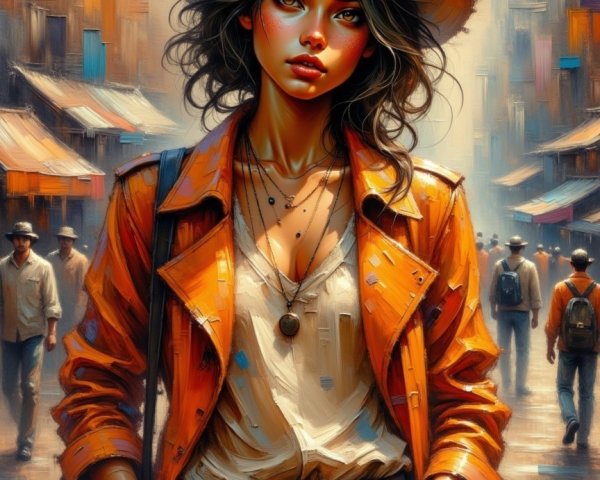 Stylish Woman in Orange Trench Coat in City Scene