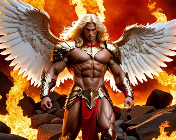 Warrior in Golden Armor Surrounded by Flames