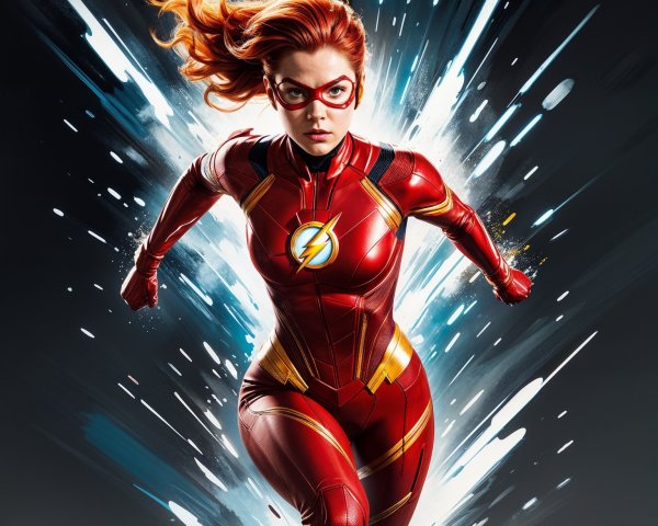 Dynamic superhero in red suit with lightning emblem