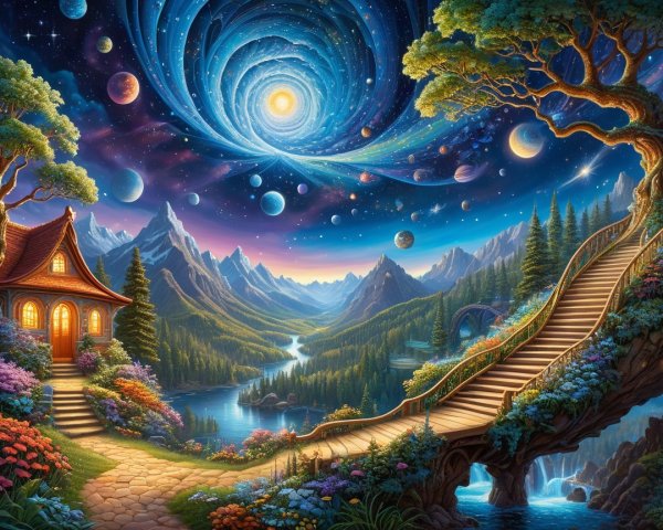 Enchanting Landscape with Cottage and Cosmic Sky