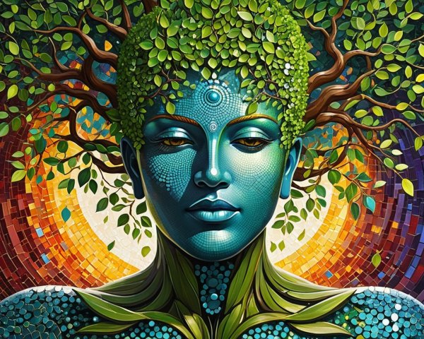 Surreal Female Figure with Colorful Mosaic Elements