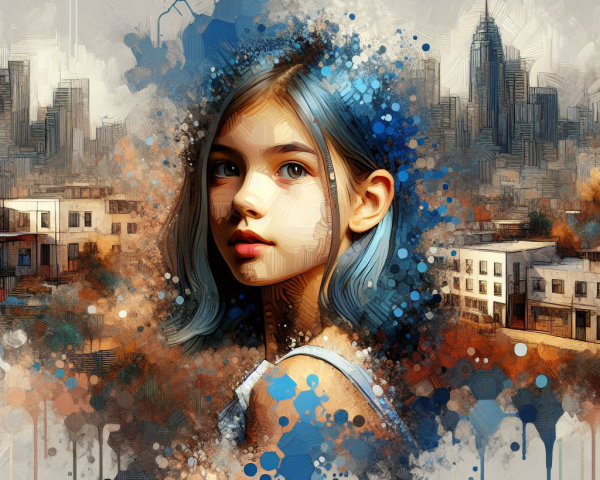 Young Girl with Blue Hair in Abstract Urban Scene