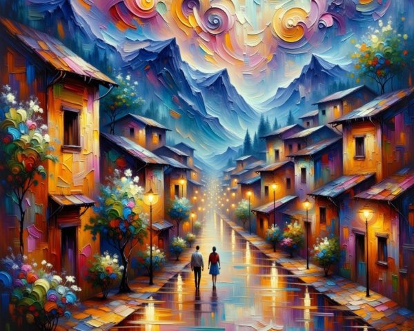 Vibrant Romantic Street Scene with Colorful Landscape